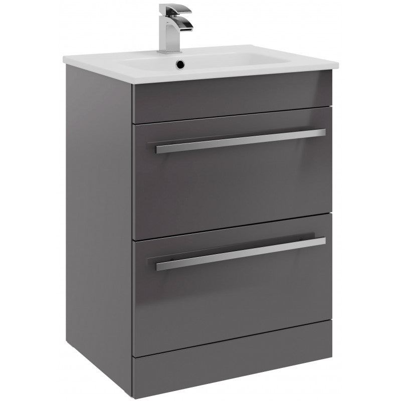 Milan Floor Standing 2 Drawer Unit & Basin - 600mm Grey Gloss