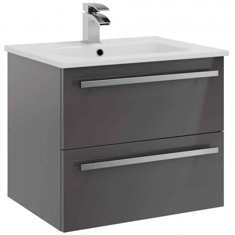 Milan Wall Mounted 2 Drawer Unit & Basin - 600mm Grey Gloss