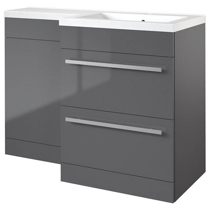 Milan 2 Drawer Grey Gloss L-Shaped Basin & Toilet Bathroom Unit - Left/Right Hand