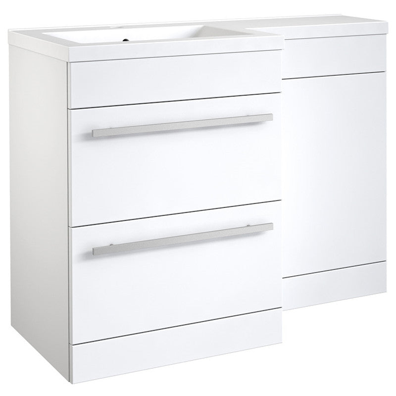 Milan 2 Drawer White Gloss L-Shaped Basin & Toilet Bathroom Unit - Left/Right Hand